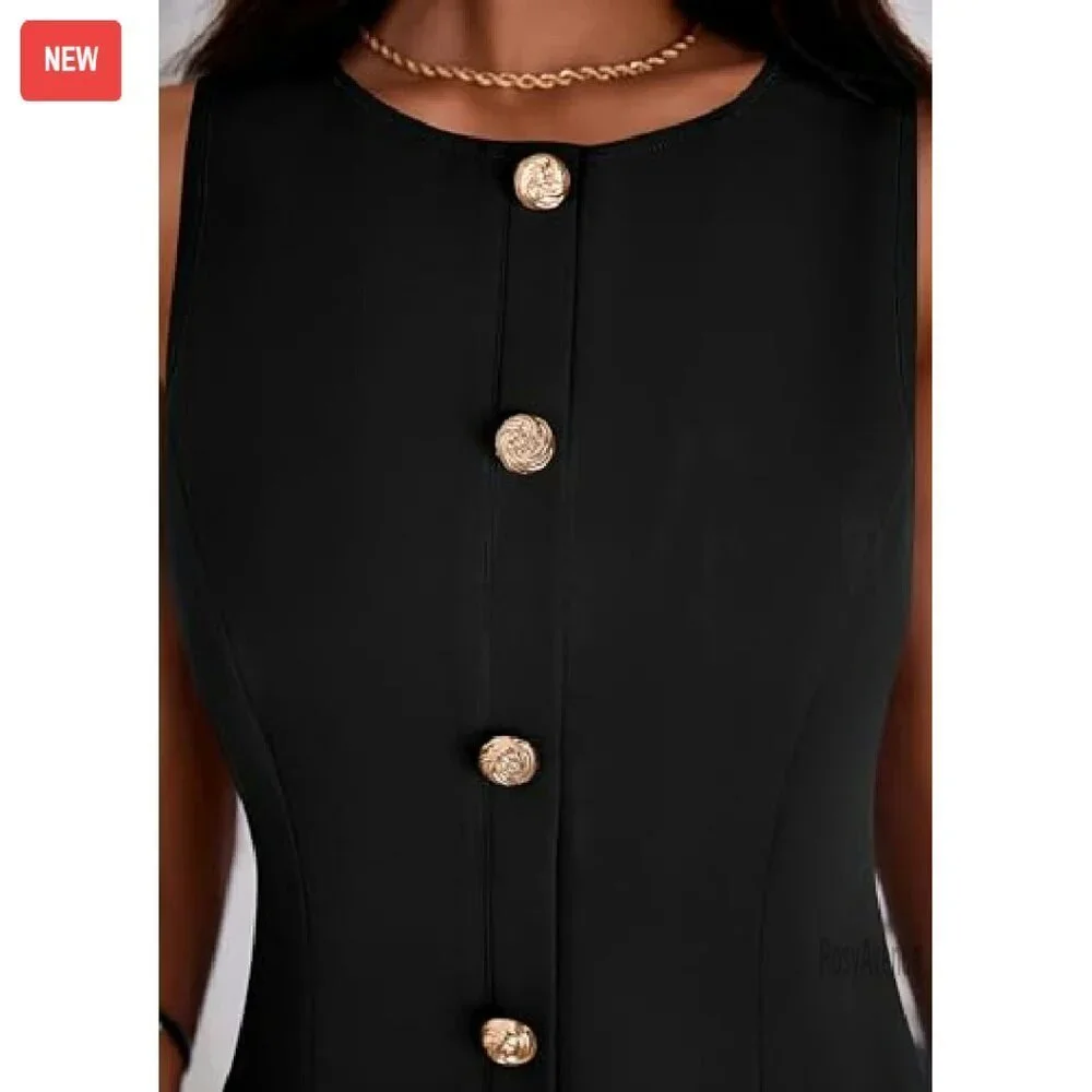 Sleeveless Button Down Work Dress, Business Formal Office Outfit